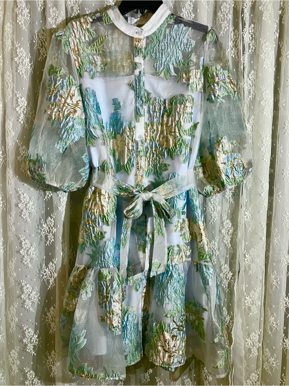 Chicwish Pale Blue Floral Jacquard Mini Dress with Gold Metallic Accents